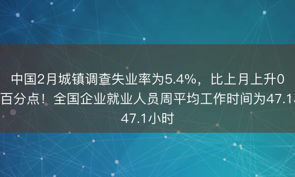 中国2月城镇调查失业率为5.4%，比上月上升0.2个百分点！全国企业就业人员周平均工作时间为47.1小时